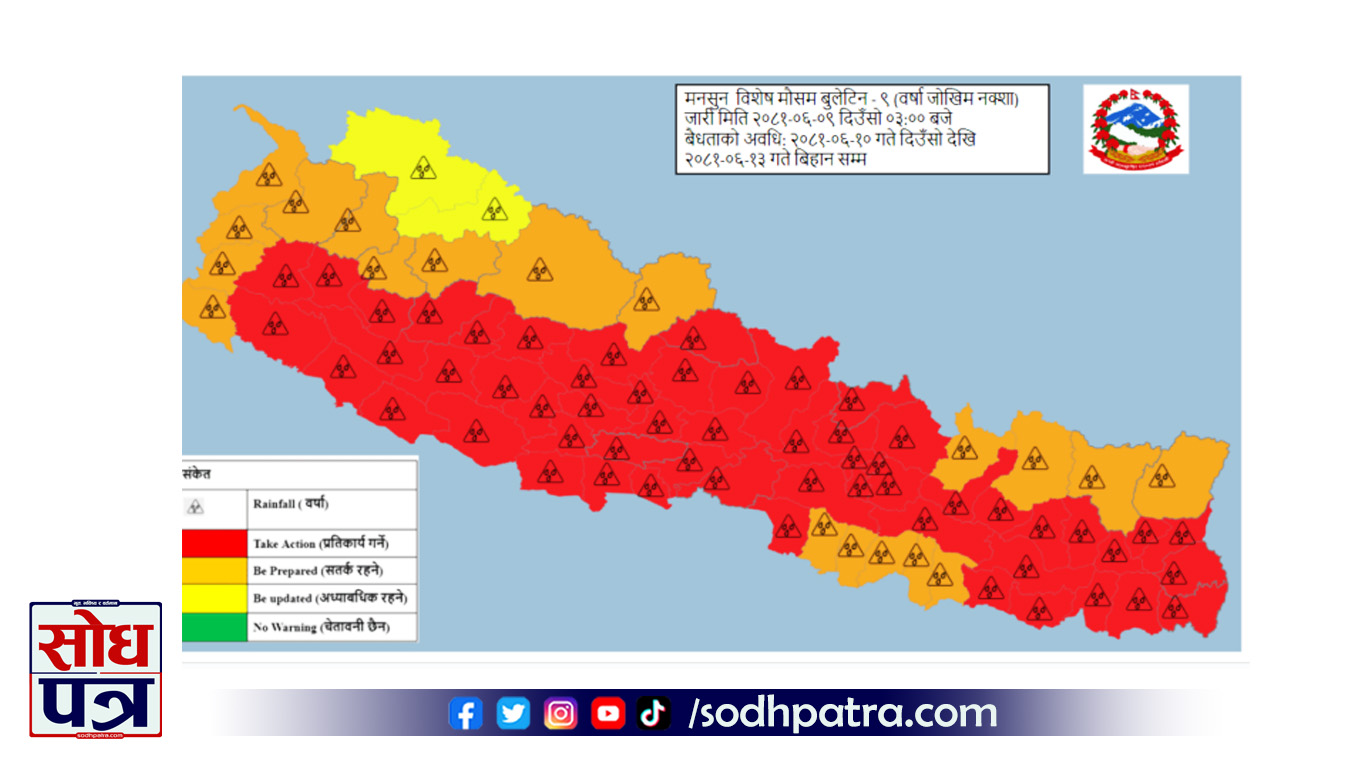 आजदेखि आइतबार बिहानसम्म देशभर भारी वर्षा, ५६ जिल्ला ‘रेड जोन’मा